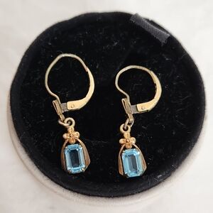 Antique Blue Emerald Cut Glass Earrings